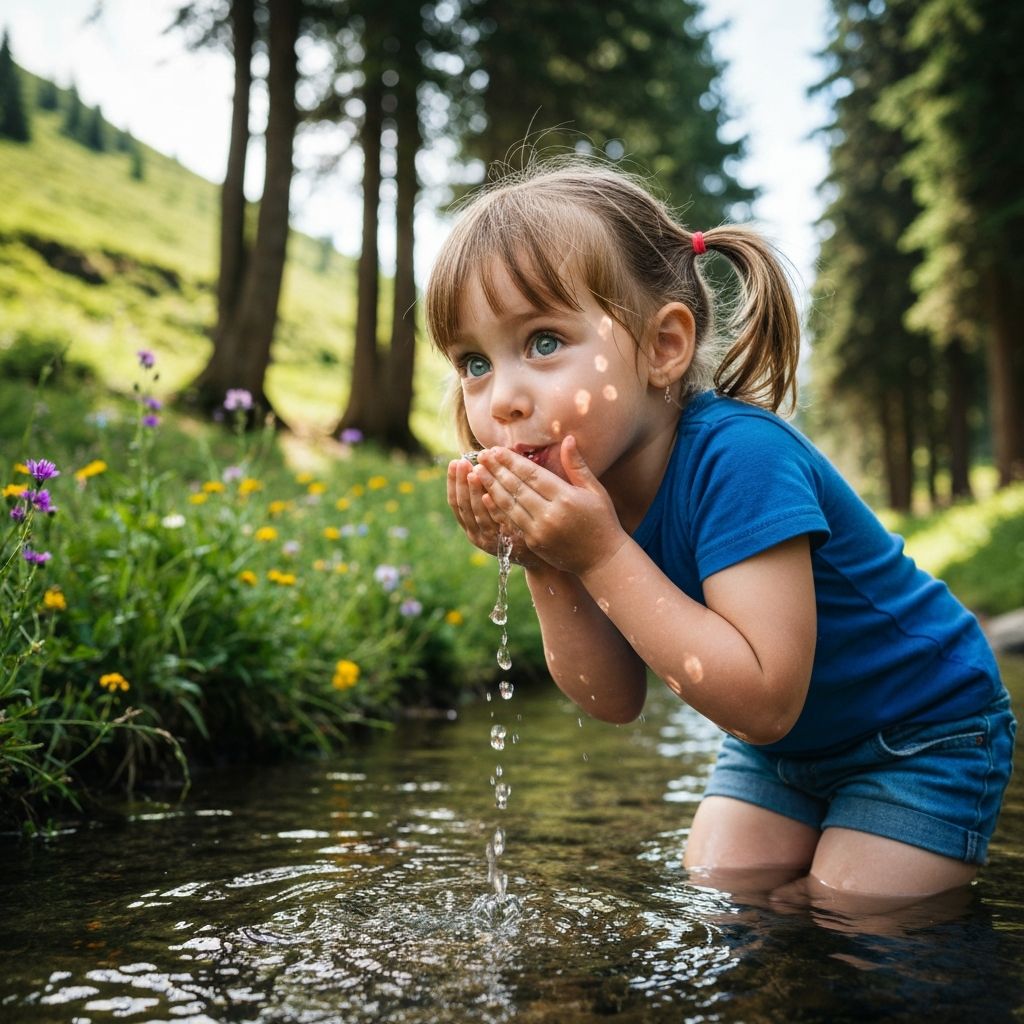 Criança bebendo água limpa em ambiente natural