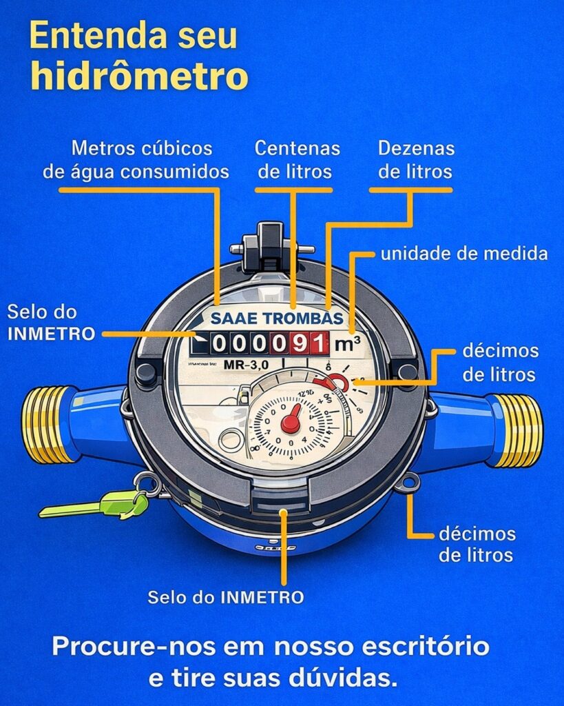 Imagem explicativa de um hidrômetro mostrando como funciona a medição do consumo de água.